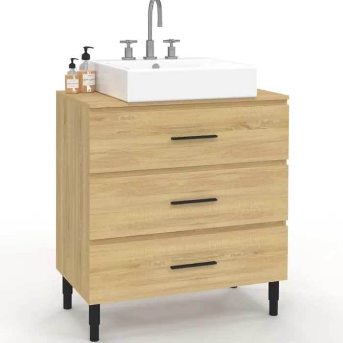 Meuble sous vasque salle de bain 80 cm 3 tiroirs façon hêtre et noir avec pieds télescopiques