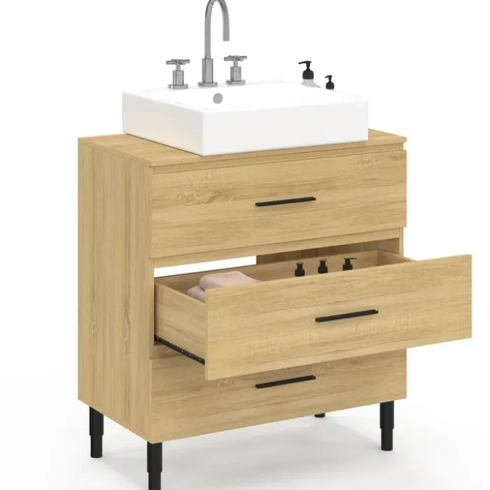 Meuble sous vasque salle de bain 80 cm 3 tiroirs façon hêtre et noir avec pieds télescopiques