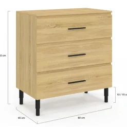 Meuble sous vasque salle de bain 80 cm 3 tiroirs façon hêtre et noir avec pieds télescopiques