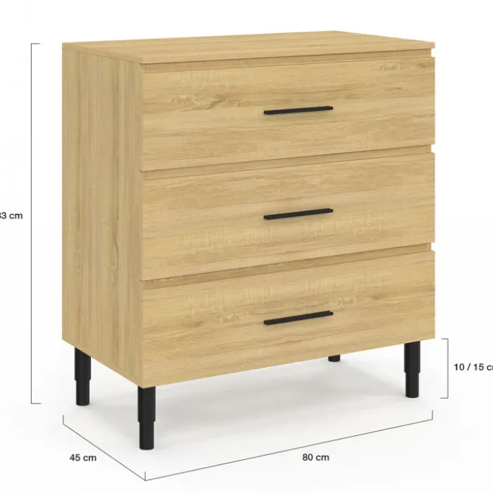 Meuble sous vasque salle de bain 80 cm 3 tiroirs façon hêtre et noir avec pieds télescopiques