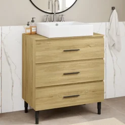 Meuble sous vasque salle de bain 80 cm 3 tiroirs façon hêtre et noir avec pieds télescopiques