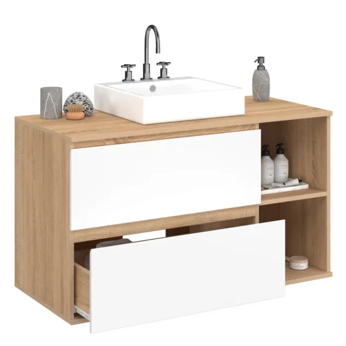 Meuble sous vasque suspendu salle de bain 2 tiroirs et 2 niches façon hêtre et blanc