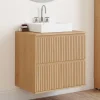 Meuble sous vasque suspendu salle de bain 2 tiroirs effet lattes
