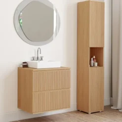 Meuble sous vasque suspendu salle de bain 2 tiroirs effet lattes