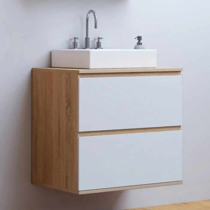 Meuble sous vasque suspendu salle de bain 2 tiroirs façon hêtre et blanc