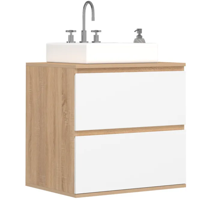 Meuble sous vasque suspendu salle de bain 2 tiroirs façon hêtre et blanc