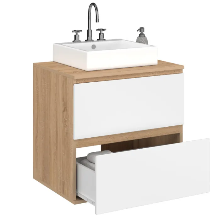 Meuble sous vasque suspendu salle de bain 2 tiroirs façon hêtre et blanc