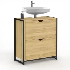 Meuble sous-lavabo salle de bain bois et métal 2 tiroirs