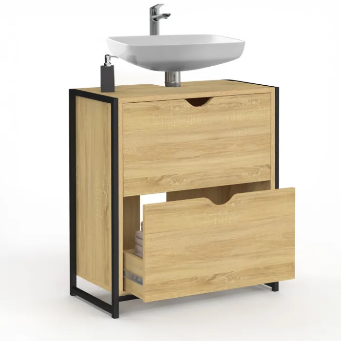 Meuble sous-lavabo salle de bain bois et métal 2 tiroirs