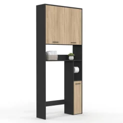 Meuble étagère dessus WC noir et bois façon hêtre
