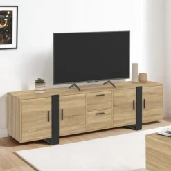 Meuble télé 180 cm 4 portes et 2 tiroirs bois et noir