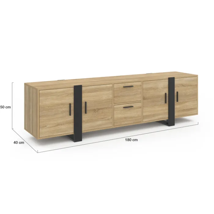Meuble télé 180 cm 4 portes et 2 tiroirs bois et noir