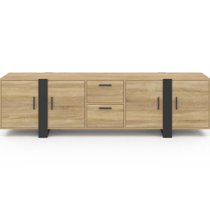 Meuble télé 180 cm 4 portes et 2 tiroirs bois et noir