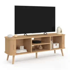 Meuble télé 140 cm avec portes coulissantes lattes tasseau bois coloris chêne