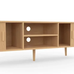 Meuble télé 140 cm avec portes coulissantes lattes tasseau bois coloris chêne