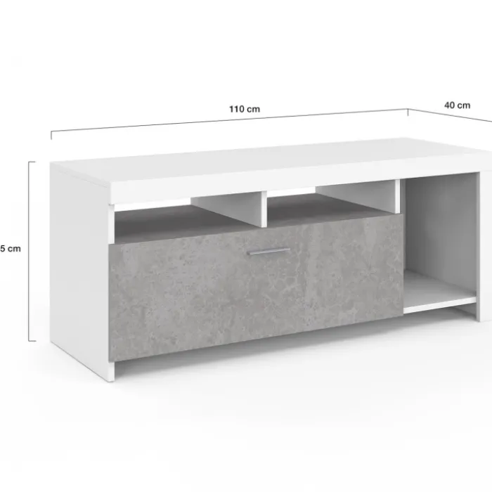 Meuble télé 110 cm blanc et placard effet béton
