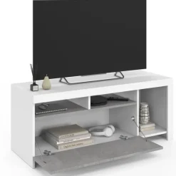Meuble télé 110 cm blanc et placard effet béton
