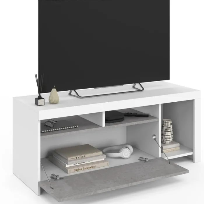 Meuble télé 110 cm blanc et placard effet béton