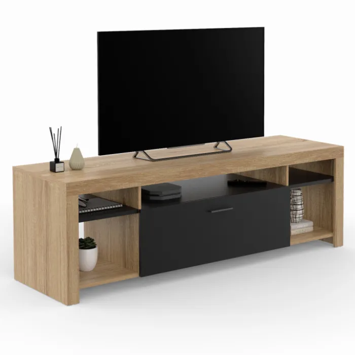 Meuble télé 140 cm bois et placard noir