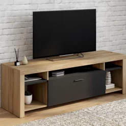 Meuble télé 140 cm bois et placard noir