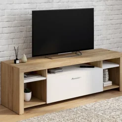 Meuble télé 140 cm bois et placard blanc