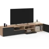 Meuble télé 180 cm noir et bois façon hêtre avec rangement