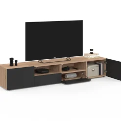 Meuble télé 180 cm noir et bois façon hêtre avec rangement