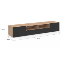 Meuble télé 180 cm noir et bois façon hêtre avec rangement