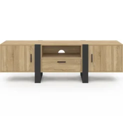 Meuble télé 160 cm XXL moderne bois et noir avec 3 portes et 1 niche