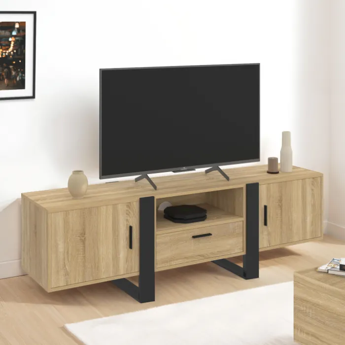 Meuble télé 160 cm XXL moderne bois et noir avec 3 portes et 1 niche