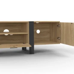 Meuble télé 160 cm XXL moderne bois et noir avec 3 portes et 1 niche