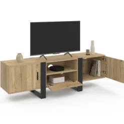Meuble télé 160 cm XXL moderne bois et noir avec 3 portes et 1 niche