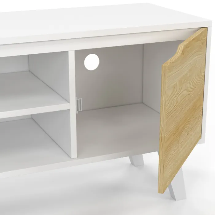 Meuble télé bois blanc 2 portes façon hêtre 110 cm