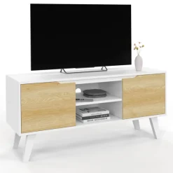 Meuble télé bois blanc 2 portes façon hêtre 110 cm