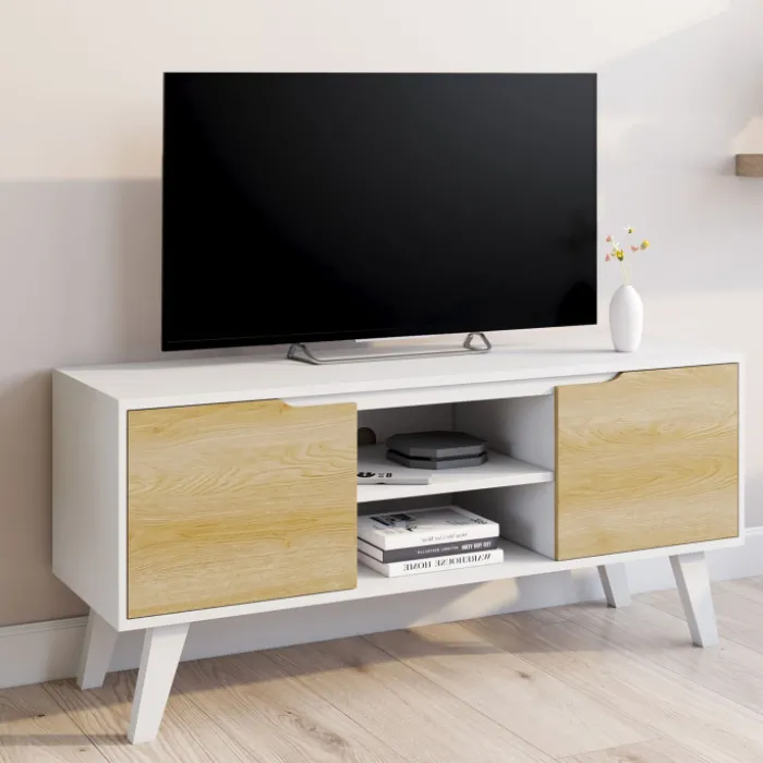 Meuble télé bois blanc 2 portes façon hêtre 110 cm
