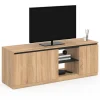 Meuble télé bois façon hêtre et noir 140 cm 3 portes