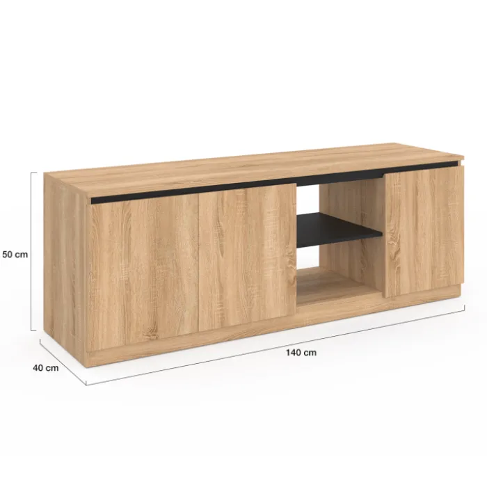 Meuble télé bois façon hêtre et noir 140 cm 3 portes