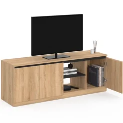 Meuble télé bois façon hêtre et noir 140 cm 3 portes