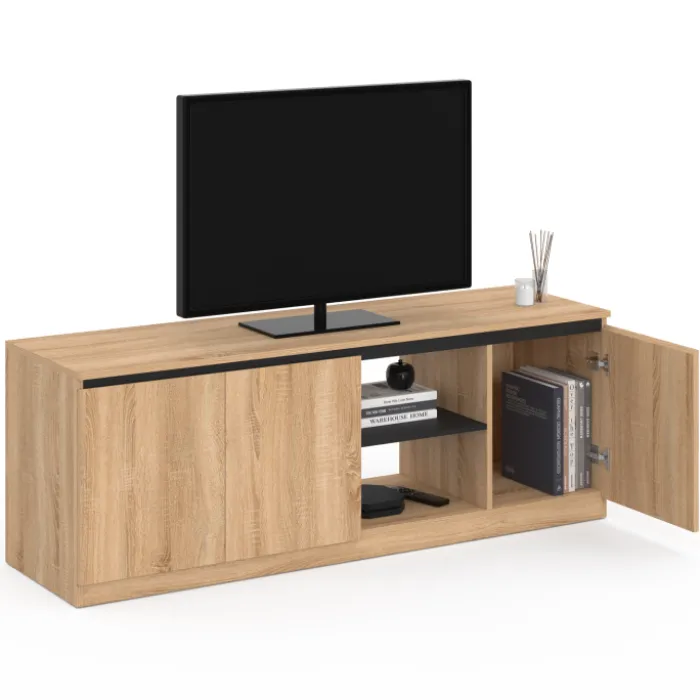 Meuble télé bois façon hêtre et noir 140 cm 3 portes