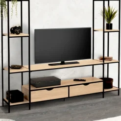 Meuble télé bois métal avec étagères et tiroirs