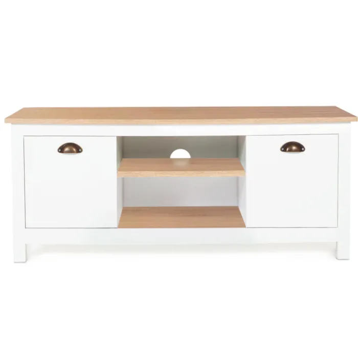 Meuble télé design blanc 2 portes avec étagères