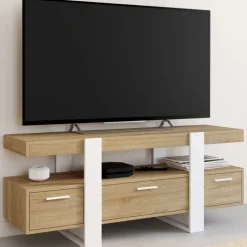 Meuble télé design blanc et bois avec tiroirs