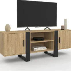Meuble télé design noir et bois avec 2 portes
