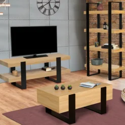 Meuble télé design noir et bois avec double plateau