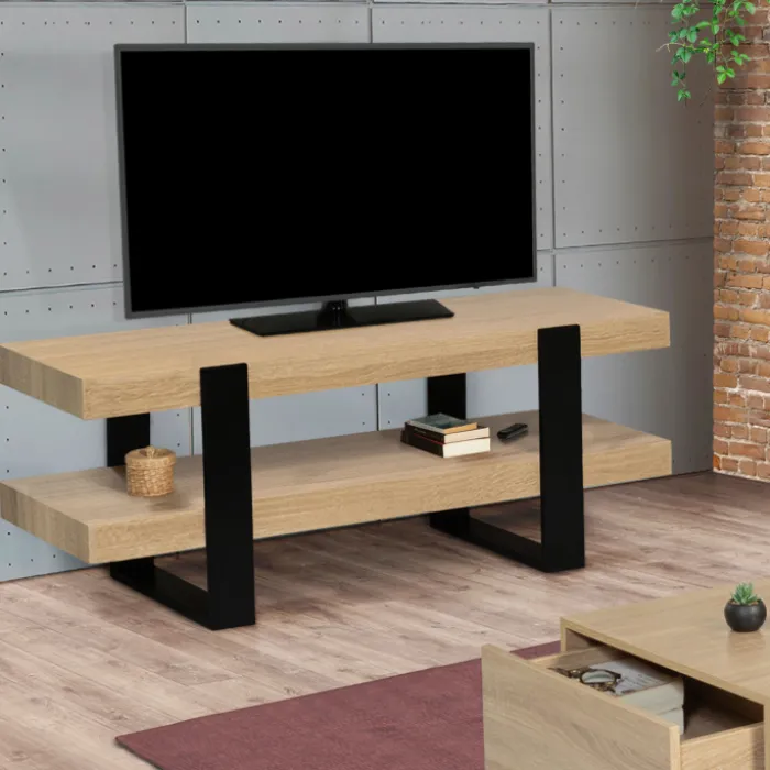 Meuble télé design noir et bois avec double plateau