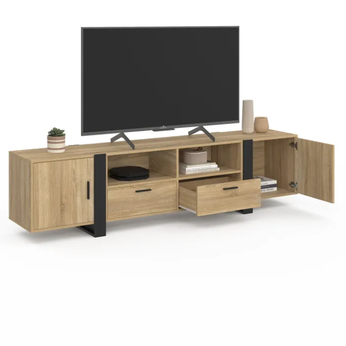 Meuble TV 200 cm 2 portes 2 tiroirs bois et noir