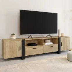 Meuble TV 200 cm 2 portes 2 tiroirs bois et noir