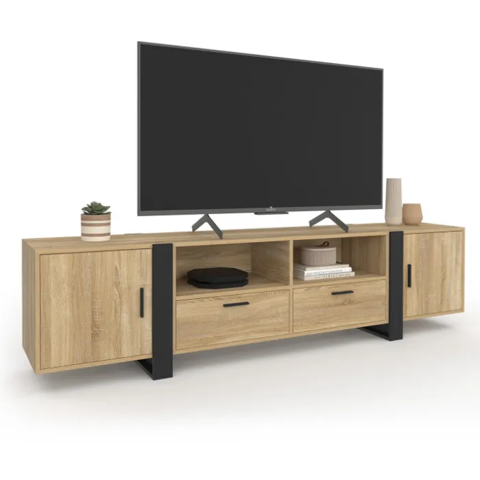 Meuble TV 200 cm 2 portes 2 tiroirs bois et noir
