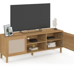 Meuble TV 140 cm 2 portes bois et effet lin