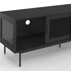 Meuble TV 140 cm 2 portes coulissantes vitrées façade cannelée noir